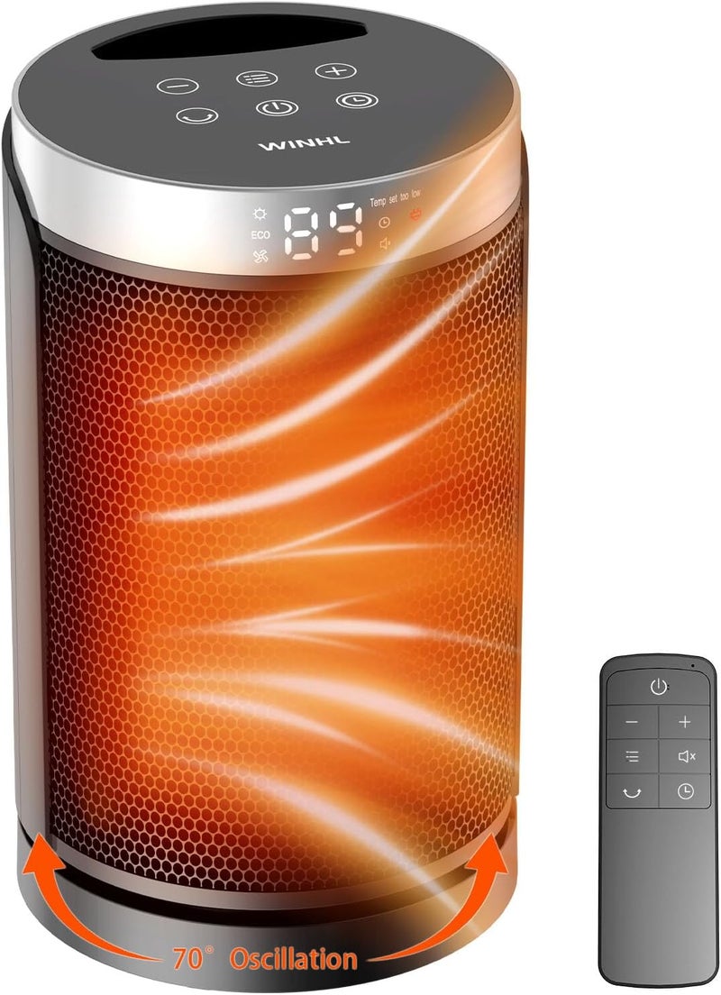 WINHL Space Heater, Small Portable Electric Heaters for Indoor Use with Thermostat and Remote, 70°Oscillation, 12H Timer, 5 Modes, 1500W PTC Ceramic Fast Safety Heat for Office Bedroom Home - Image 1